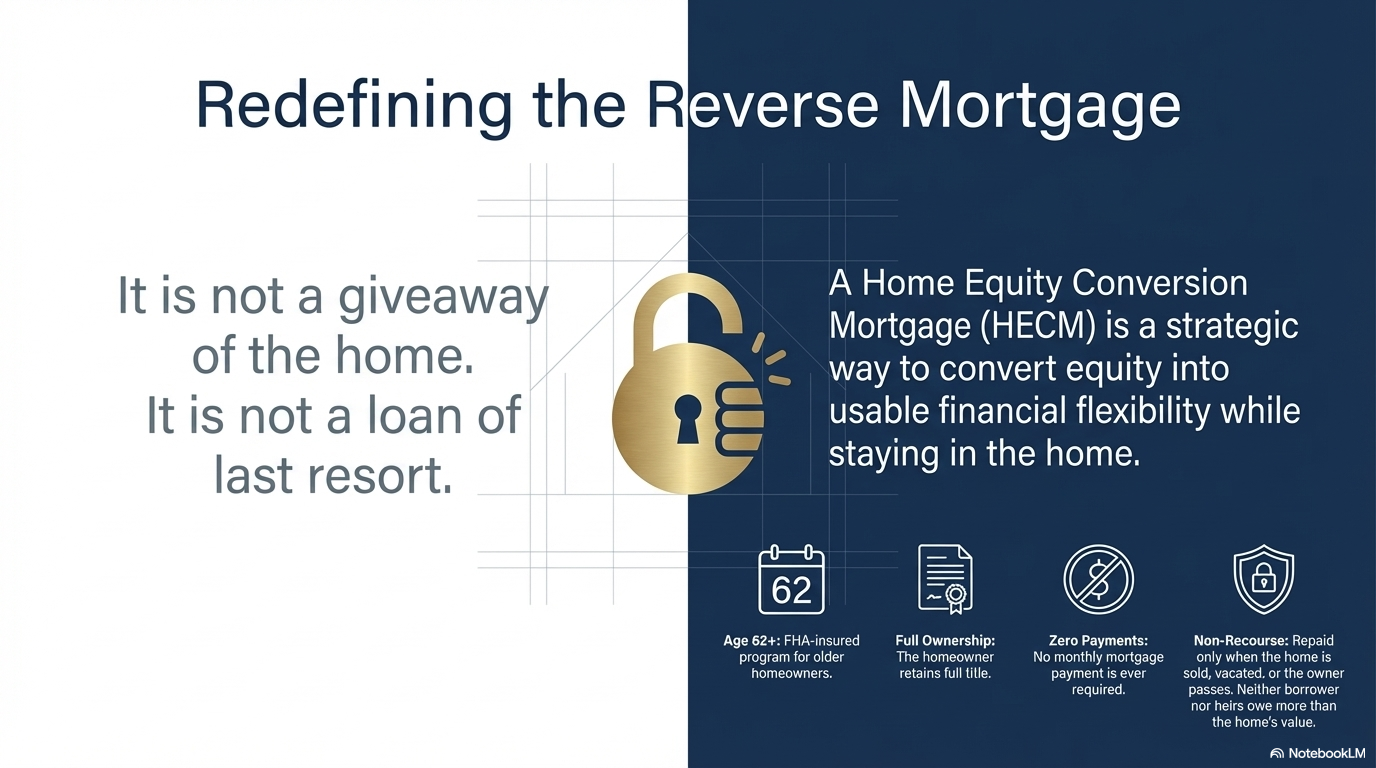 Redefining the Reverse Mortgage — HECM key features graphic